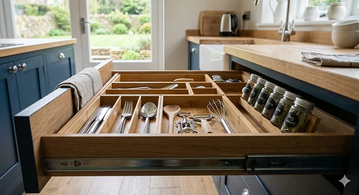 A set of modular bamboo drawer organisers arranged neatly in a kitchen drawer. bamboo drawer organisers