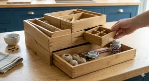 Stackable bamboo drawer organisers providing versatile storage options.