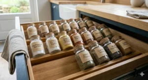 Bamboo spice jar rack fitted inside a shallow kitchen drawer for easy access.