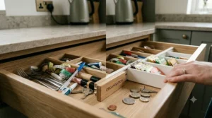 Make-up and bathroom essentials neatly categorised using an affordable drawer organisation kit.