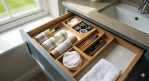 Bamboo drawer storage inserts holding toiletries and cosmetic items.