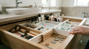 Clothes organised in a bedroom chest of drawers using an affordable drawer organisation kit.