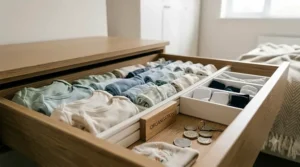 A split-screen comparison showing a messy drawer transformed by an affordable drawer organisation kit.