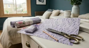 A close-up view of hands wearing soft cotton gloves carefully measuring and cutting floral scented drawer liners for a precise, custom fit.