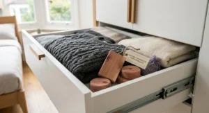 A well-organised wardrobe featuring various winter clothes storage accessories, including vacuum bags, sturdy boxes, and hanging garment covers, neatly arranged for seasonal storage.