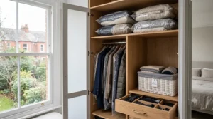 Breathable hanging garment covers protecting long wool winter coats in a hallway wardrobe.