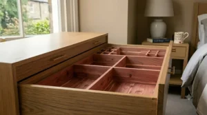 Empty, clean-lined cedar drawer inserts installed within a modern oak bedroom chest of drawers.