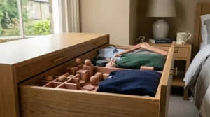 Organised drawer storage featuring cedar wood inserts with clothing, hangers, and small scent bags.