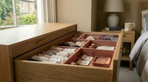 Bedroom drawer featuring cedar wood inserts used for storing folded lingerie and jewellery.