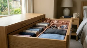 A chest of drawers neatly organised with cedar inserts holding rolled clothing and luxury knitwear.