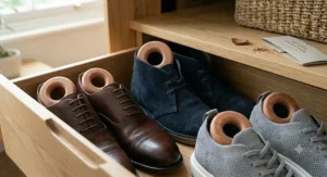 Cedar rings for clothes storage kept inside a protective garment bag.