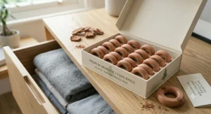 Cedar rings for clothes storage placed with folded winter jumpers.