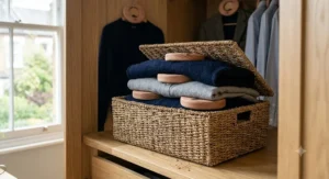 Cedar rings for clothes storage placed inside a wooden chest of drawers.
