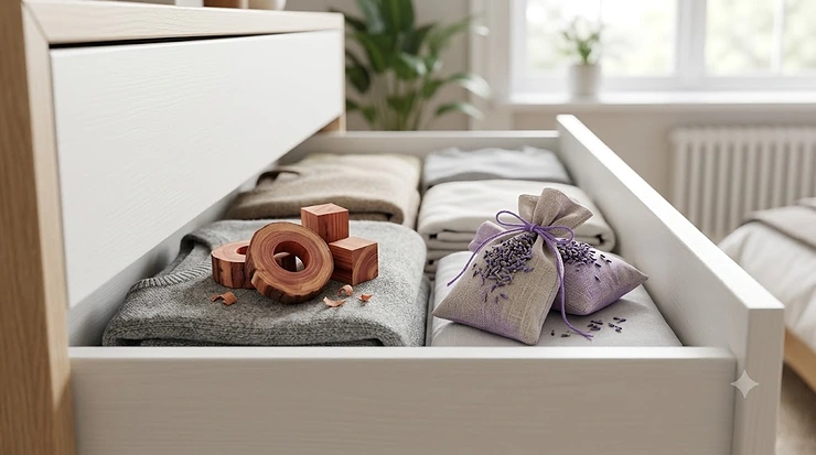 A comparison of aromatic cedar wood blocks and dried lavender bags used as natural drawer fresheners. cedar vs lavender drawer fresheners