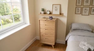 A chest of drawers in a spare bedroom styled with a lamp and vase, demonstrating how to decorate a guest room.