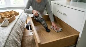 Vacuuming the interior of an empty wooden wardrobe drawer to remove dust and debris before lining it for a clean and fresh storage space.