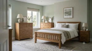Compact solid wood chest of drawers fitting perfectly into a small bedroom alcove, maximising space without sacrificing style.