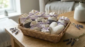 A diverse, curated collection of handmade lavender sachets in varying shapes nestled in a rustic wicker basket on an oak surface.