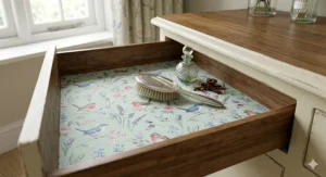 Hands using scissors to cut a roll of drawer liner to fit a specific drawer size.