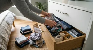 A person sorting through a collection of clothes to declutter a bedroom drawer, placing unwanted items into a donation box to prepare for better organisation.