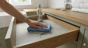 Patterned adhesive drawer liners lining a vintage dressing table drawer.