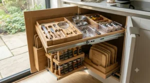 Deep drawer storage solutions including stackable bins to maximise vertical space in a utility room or pantry drawer.