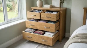 Open drawers of a solid wood chest of drawers, displaying deep and spacious storage capacity for folded clothes and bedroom essentials.