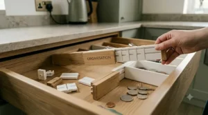 Stationery and office supplies neatly arranged in a desk drawer with an affordable drawer organisation kit.