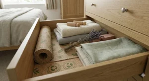 Durable drawer liners used as protective mats on a hallway shoe rack.