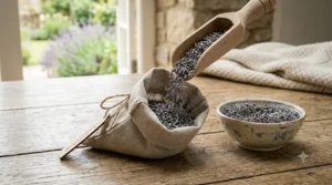 High-quality dried English lavender buds being poured into a fabric sachet, showing the natural filling process.