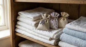 Handcrafted floral lavender sachets placed inside a linen cupboard for a fresh scent.
