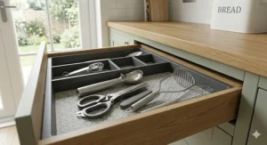 A damp cloth wiping down a wipeable drawer liner in a utility room.
