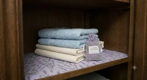Sustainable scented drawer liners laid out with vintage-style scissors, ready to be cut to size for an eco-conscious home storage project.