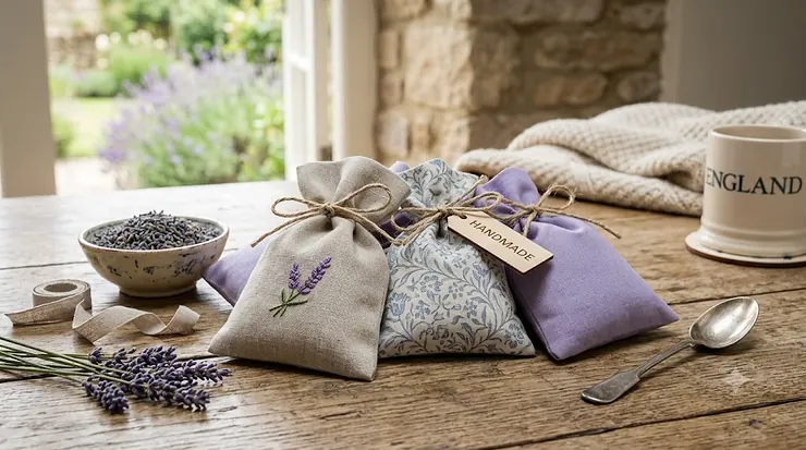 A collection of handcrafted English lavender sachets displayed on a rustic wooden table, perfect for scenting drawers and cupboards. English lavender sachets