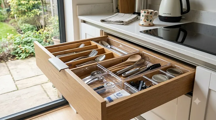 A high-quality collection of essential drawer storage accessories organised in a kitchen drawer, featuring bamboo dividers and clear plastic containers for a clutter-free home. essential drawer storage accessories