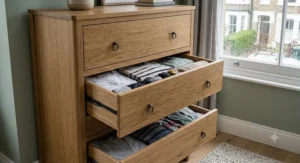 Close-up of a five-drawer tall chest of drawers showing ample clothing storage.