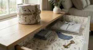 A beautifully presented gift box of lavender scented drawer paper sitting on a chest of drawers, with a vintage key resting on the paper lining.