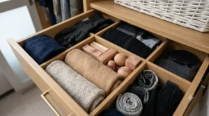 A set of grey fabric storage boxes on an open shelving unit holding winter hats, gloves, and thermal accessories.