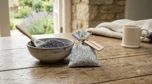 Close-up of hand-sewn English lavender sachets featuring traditional British floral cotton fabric patterns.