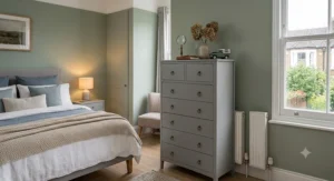 A high chest of drawers positioned beside a fitted wardrobe for a cohesive bedroom look.