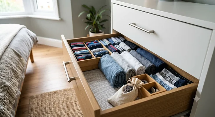 A top-down view into a perfectly organised modern bedroom drawer, featuring neatly folded clothes, wooden dividers, and a fragrant lavender sachet for a fresh finish. how to keep drawers fresh and organised