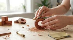 A person lightly sanding the surface of a cedar block to revitalise the natural woody fragrance.