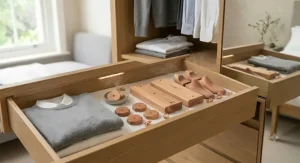 An instruction graphic showing how to place renewable cedar inserts inside a drawer to maintain garment freshness.