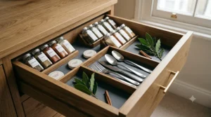 A pair of hands cutting drawer liners to size to help prevent lingering smells in antique furniture.