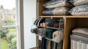 Clearly labelled storage boxes stacked in a loft, demonstrating an organised system for storing winter clothes during summer.