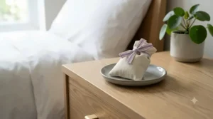 A handmade cream linen lavender sachet, with a purple striped ribbon tie, resting on a wooden bedside table to promote restful sleep.