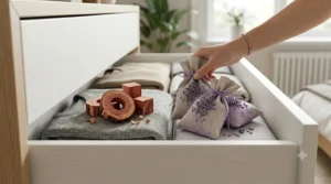 Illustrative guide showing the best placement for lavender sachets between folded jumpers in a drawer.