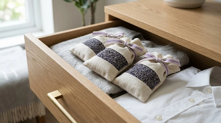 A collection of handmade dried lavender sachets resting on a clean wooden drawer, showcasing traditional British garden aesthetics for home fragrance. lavender sachets for drawers