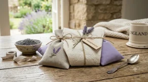 Beautifully packaged English lavender sachets tied with twine, presented as a thoughtful, sustainable gift.
