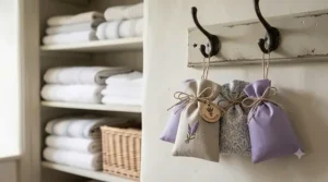 Small English lavender sachets hanging from a vintage-style coat hook, designed to keep household linens smelling fresh.